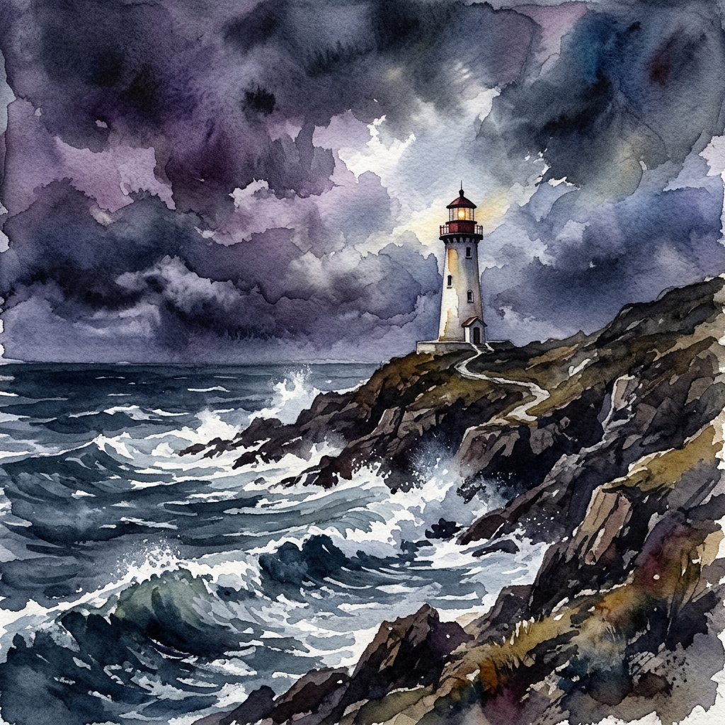 Stormy solitary lighthouse watercolor